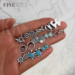 Set orecchini a perno gemma cristallo pietre turchesi fiore geometrico argento antico - Foto 1 di 6