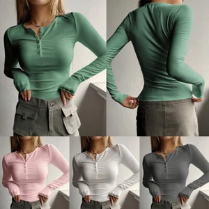 New Women Pullover T-Shirt Tunic Tops Stretch Button V-neck Long Sleeve Spring □ - Picture 1 of 22