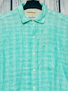 Tommy Bahama Ventana Plaid Linen Shirt Men's Large L Turquoise Cabbage NWT - Picture 1 of 9
