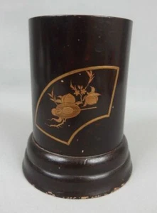 Antique Japanese Lacquer Black & Gold Wood Brush Pot Bitong Bamboo c1900 - Picture 1 of 1