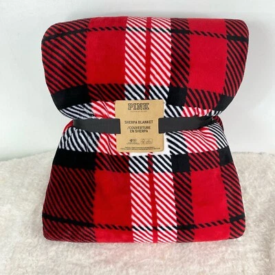 NWT VICTORIA'S SECRET Pink Red Plaid Sherpa Fleece Blanket 50X60inch 2021. - Image 1 of 4