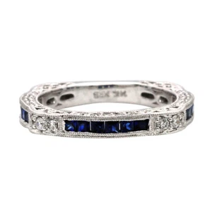 14K WHITE GOLD PAVE FILIGREE DIAMOND SAPPHIRE ETERNITY WEDDING BAND RING 5 6 7 9 - Picture 1 of 4