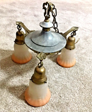 1920s Pan 3 Arm Light Hanging Chandelier Fixture 3 Embossed Peach & White Shades