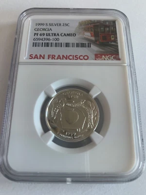 1999 S Silver 25C Georgia PF 69 ULTRA CAMEO SAN FRANCISCO TROLLEY - Image 1 of 2