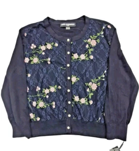 Karl Lagerfeld Cardigan Sweater Womens XL Navy Blue Long Sleeve Lace Embroidered - Picture 1 of 5