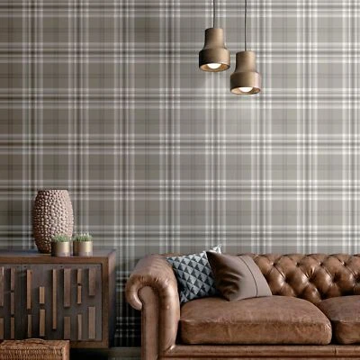 Papel Pintado Clásico Cuadros Tartán Kelso Muriva Efecto Tela Texturizado 165522 Marrón Foto 1 de 3