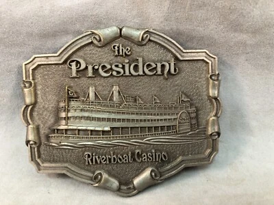 P00016 Vintage1970s The President Riverboat Casino Pewter Belt Buckle Korea - Image 1 of 3