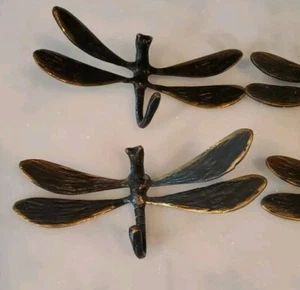 4 Dragonfly Shirt Kitchen Keys Towel Brass Patina Hooks - Picture 1 of 6