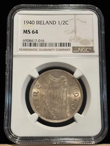 IRELAND 1/2 Crown 1940, NGC MS 64 Choice UNC / BU, 2nd Finest, Rare Grade. D1 - Picture 1 of 4