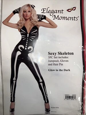 Disfraz Esqueleto Mujer - Momentos Elegantes BRILLA EN LA OSCURIDAD TALLA PEQUEÑA 3 PIEZAS  Foto 1 de 4