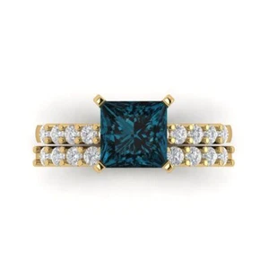 2.66 Princess Cut London Blue Topaz Promise Bridal Ring Band set 14k Yellow Gold - Picture 1 of 5