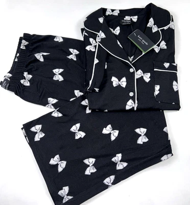 Новый KATE SPADE размер M женщин пижамы брюки комплект черный бант коротким рукавом укороченный - Изображение 1 из 4