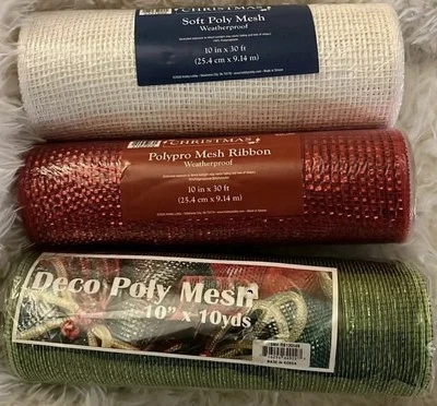 Christmas Polypro Mesh 10" Ribbon Red Green White Holiday  Solid NEW - Image 1 of 4