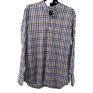 Johnston & Murphy Shirt Mens Medium Brown Blue Orange Plaid Button Down Flip - Picture 1 of 6