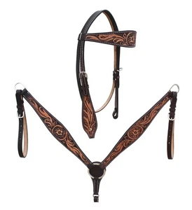Horse Western Floral Tooled Browband Bridle & Breast Collar Tack Set 78HR61B - Picture 1 of 4