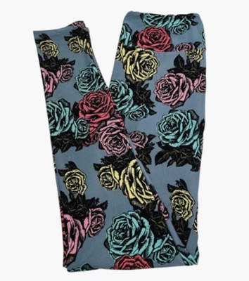 LuLaRoe Leggings OS One Size Floral BLUE Retro Fun ROSE Flower Leaves Yoga Waist - Image 1 of 4