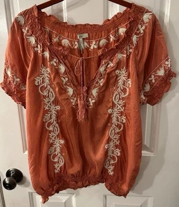 JOIE Women's Size L Deep Coral Silk Top Blouse Boho Embroidered EUC - Picture 1 of 12