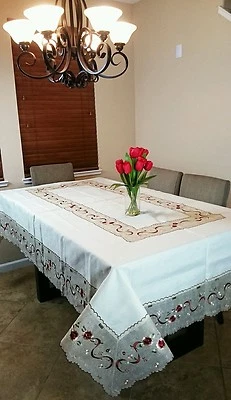 72x144" Polyester Rectangle Embroidered Embroidery Lace Tablecloth 12 Napkins - Image 1 of 4
