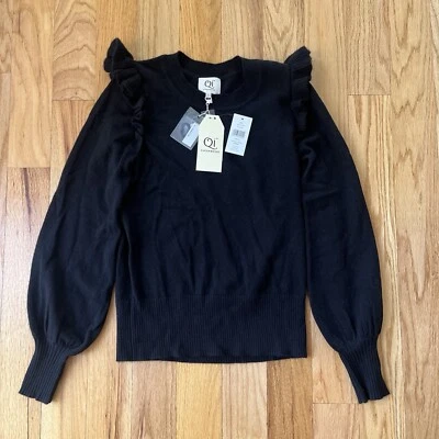 NWT Qi Cashmere 100% Cashmere Black Ruffle Sleeve Pullover Sweater XS Minimalist - Image 1 of 4