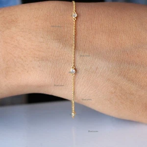 Solid 18k Yellow Gold Natural Diamonds Bezel Set Diamond Distance Chain Bracelet - Picture 1 of 5