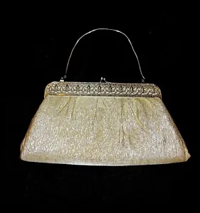 Vtg Antique Shiny Gold Lame Purse Metal Snake Chain Strap Clutch Evening Bag HTF - Picture 1 of 12