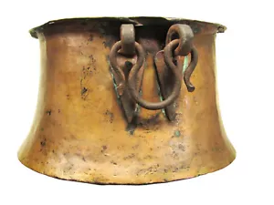 Antique Copper Forged Cauldron Pot Kettle Wrought Iron Flared Base Iron Handle - Picture 1 of 16
