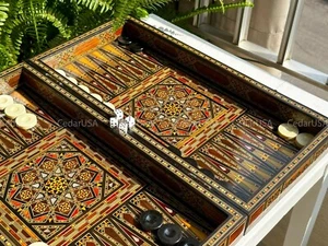 Tawla Backgammon Board and Chess Set From Lebanon - Handmade Real Pearl Inlays - Picture 1 of 16