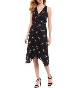 MICHAEL KORS BLACK FLORAL EMBROIDERED MESH DRESS XXL V-NECK HANDKERCHIEF HEM EUC - Picture 1 of 10