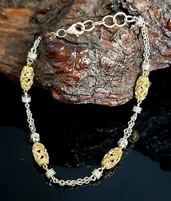 14K Yellow & White Gold Natural Diamond 7"-8" Adjustable Filigree Bead Bracelet - Image 1 of 4