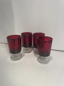 Vintage Luminarc Arcoroc Set Of 4 France Ruby Red Glasses Clear Stem SHOT GLASS - Picture 1 of 4