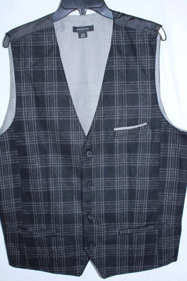 Structure Vest Mens Size XL Black Gray Plaid Wool Blend Waistcoat 4 Button - Image 1 of 3