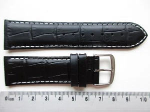 Black alligator print 22 MM white stitched leather watch band strap - SHORT - Picture 1 of 5