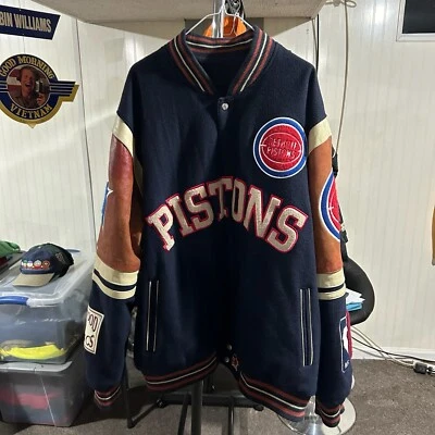 MENS DETROIT PISTONS JH DESIGN REVERSIBLE EMBROIDERED WOOL/LEATHER JACKET-3X - Image 1 of 4