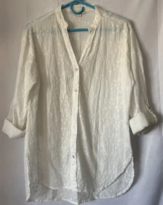 Jennifer & Grace White Floral Embroidered Cotton Button Up Blouse Roll Tab Med - Picture 1 of 10
