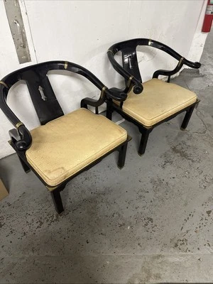 Pair Vintage Century Chair Company Black Gloss Lacquer Chair Gold Brass Hardware - Image 1 of 4