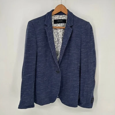 Zara Blazer Womens Large Blue One Button Single Breasted Jacket Elbow Patches - Image 1 of 4