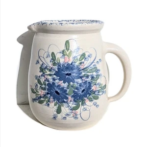 Vintage East Texas Marshall Pottery Cottagecore Blue Floral Ceramic Pitcher - Picture 1 of 6