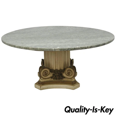 Green Marble Top Fluted Wood Corinthian Column Pedestal Base Round Coffee Table Cover