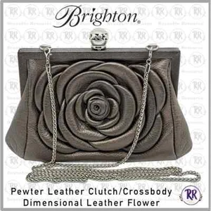 Brighton Pewter Leather Clutch Crossbody Purse Large Dimensional Flower on Front - Bild 1 von 9