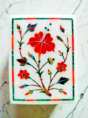 Шкатулка для ювелирных изделий инкрустация 4 x 3 дюйма мрамор полудрагоценные камни домашний декор подарок. - Изображение 1 из 4