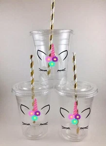 Unicorn Party Cups Birthday Unicorns Set of 12 WITH Lids Straws Face - Picture 1 of 1