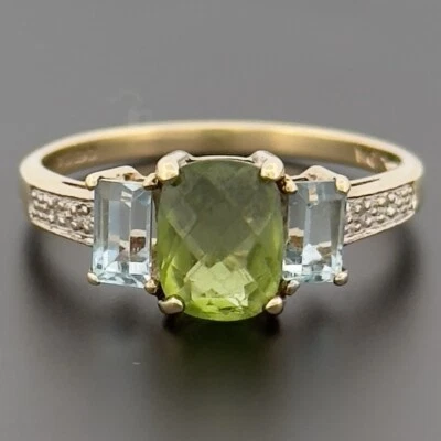9ct Yellow Gold Peridot Topaz & Diamond Cluster Ring Size Q Hallmarked - Image 1 of 4