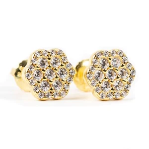 Men's Flower Set Gold Plated 925 Sterling Silver Iced Cz Cluster Stud Earrings - Picture 1 of 6