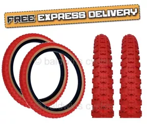 PAIR Baldys 20 x 2.125 BMX Mountain Bike RED / TAN WALL Knobby Tread TYRES - Picture 1 of 10