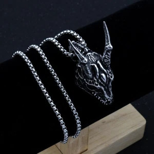 Gothic Mens Skull Dragon Horns Pendant Necklace Chain stainless steel 24" Gift - Picture 1 of 5