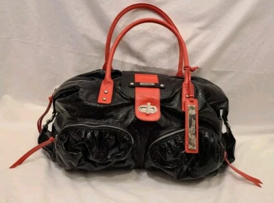 Original By Sharif 1827 Large Black Patent Leather Bag Purse Red Trim - Image 1 of 4