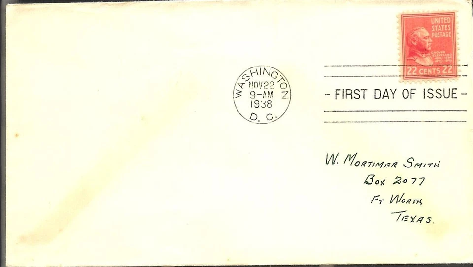 First Day Cover #827 22 cent Grover Cleveland PM November 22 1938 - Image 1 of 1