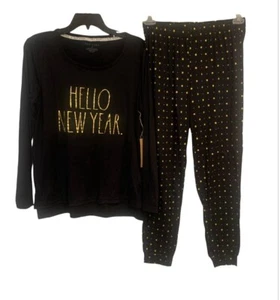 Rae Dunn “ Hello New Year “ Pajama Jogger PJ Set Black Gold 2 Piece NWT Size M - Picture 1 of 8