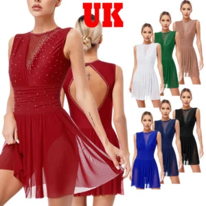 UK Womens Sparkly Rhinestone Mesh Figure Ice Skating Dress Ballet Dance Leotard - Picture 1 of 102