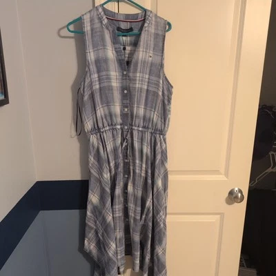 Tommy Hilfiger NUEVO $120 Monterey Talla 10 Azul Blanco Aqua Cuadros Asima Poli Vestido Foto 1 de 4